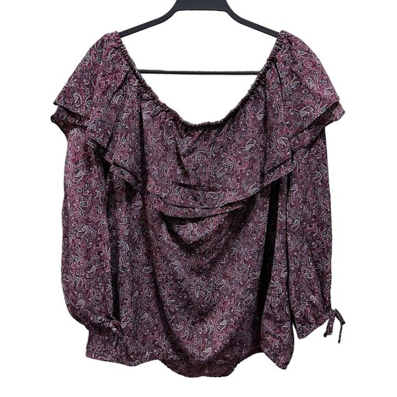 Michael Kors Womens Size 3X Burgundy Off Shoulder Paisley Ruffle Top Blouse NWT - Picture 5 of 9